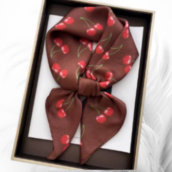 Accessories - Brown Scarf with Red Cherry Print – Elegant  Neck Scarf